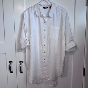 Lands End Women's 1X Button Down Shirt White 100% Linen Long Sleeve Roll Tab